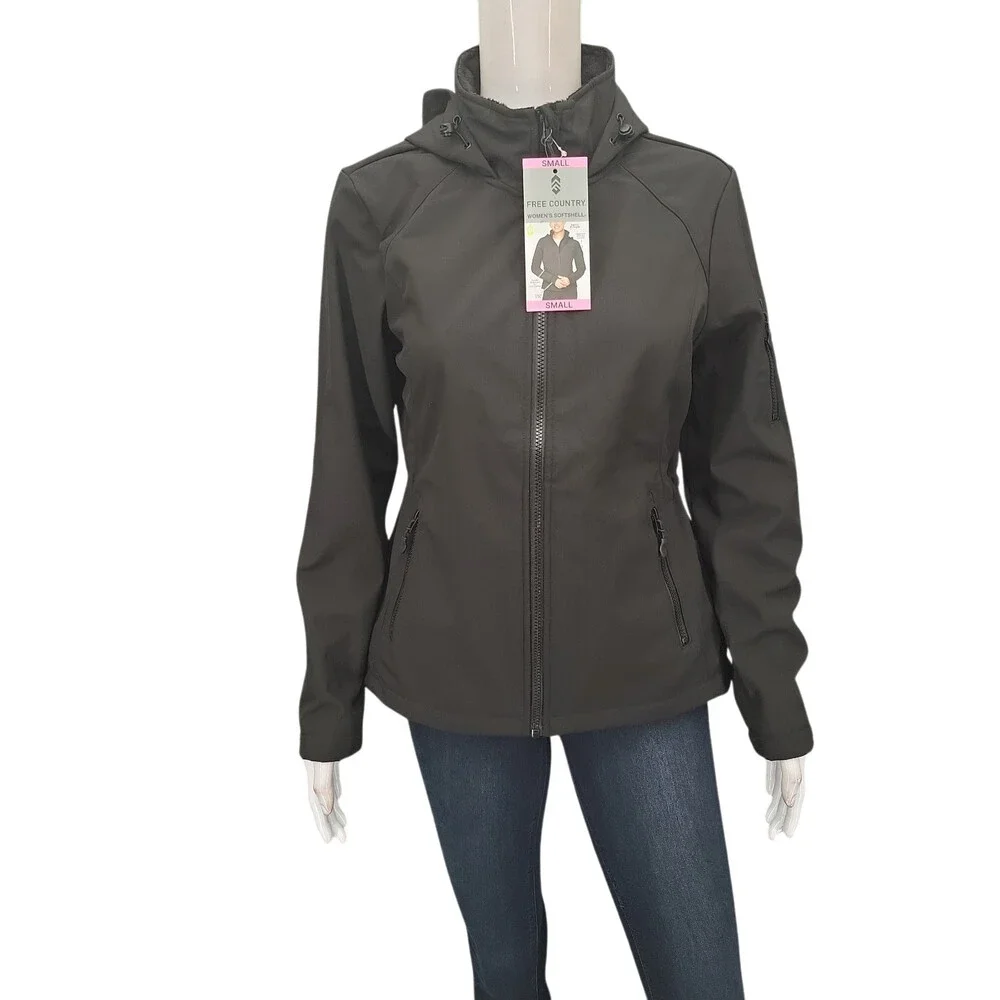 Free Country Womens Black Softshell Hooded Jacket Zip Pockets Size S 4/6